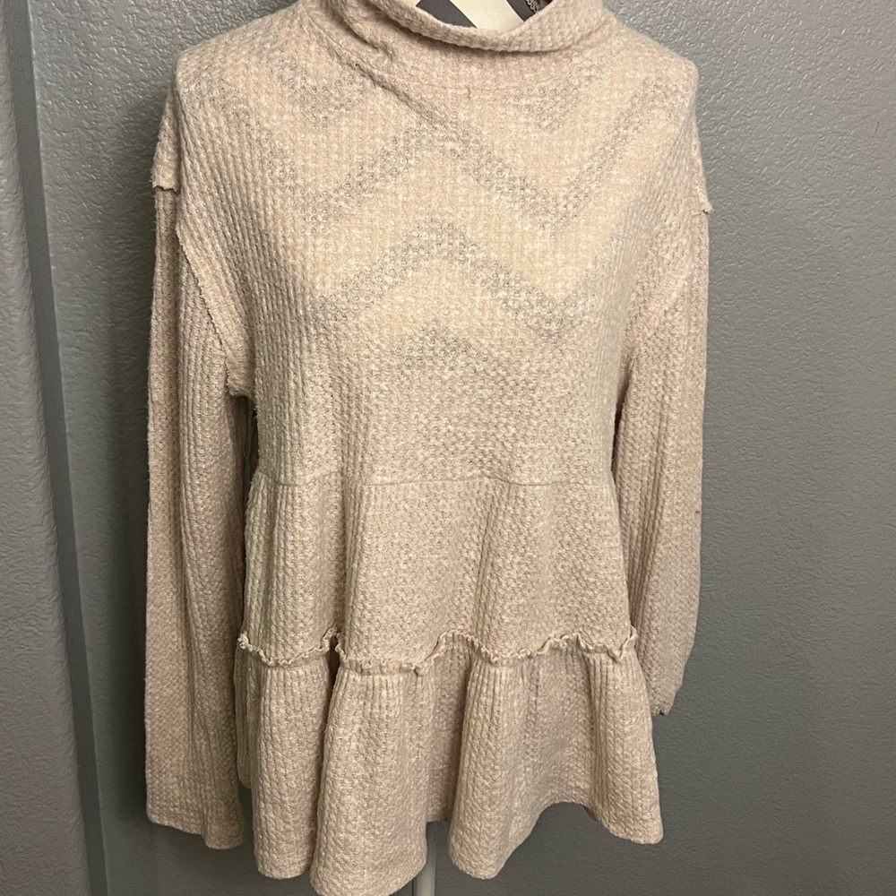 Anthropologie Eri & Ali Mock Turtleneck Crème Peplum crème top  large